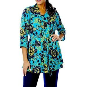 New Kim & Co Turquoise Floral Belted Lightweight Cardigan Size XS bin 3H